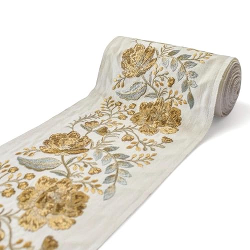Fabric Mart Direct Bestickte Bordüre in Elfenbein und Antikgold mit Blütenmotiv, dekorativer Stoffbesatz, Meterware, Vorhangband mit botanischem Motiv, Polsterspitze für Tischdecken, 139 mm breites Fabric Mart Direct Bestickte Bordüre in Elfenbein und Antikgold mit Blütenmotiv, dekorativer Stoffbesatz, Meterware, Vorhangband mit botanischem Motiv, Polsterspitze für Tischdecken, 139 mm breites von Fabric Mart Direct