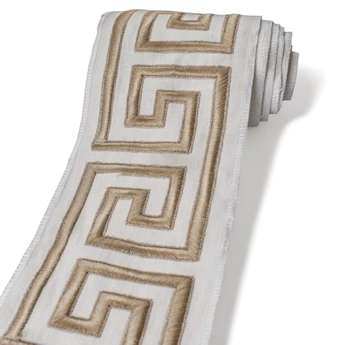 Fabric Mart Direct Dekoratives Stoffband mit griechischem Schlüsselmuster, Elfenbein und Champagnergold, Meterware, geometrisches Bordürenband, Polsterspitze für Tischdecken, 114 mm, Vorhangbesatz Fabric Mart Direct Dekoratives Stoffband mit griechischem Schlüsselmuster, Elfenbein und Champagnergold, Meterware, geometrisches Bordürenband, Polsterspitze für Tischdecken, 114 mm, Vorhangbesatz von Fabric Mart Direct