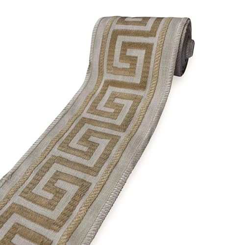 Fabric Mart Direct Designer-Stoffband „Griechischer Schlüssel“ in Gold und Beige, Sterling, Meterware, geometrisches Vorhangband, Polsterspitze für Tischdecken, 89 mm (3,5 Zoll) Jacquard-Vorhangbesatz von Fabric Mart Direct
