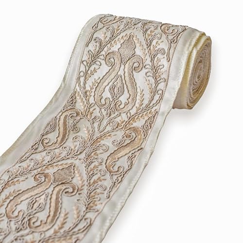 Fabric Mart Direct Elfenbein- und Cremefarbener bestickter Designer-Stoffbesatz mit Barockrankenmuster in Beige, Meterware, Zardozi-Bordürenband für Gardinen, Polsterspitze für Tischdecken, 127 mm Fabric Mart Direct Elfenbein- und Cremefarbener bestickter Designer-Stoffbesatz mit Barockrankenmuster in Beige, Meterware, Zardozi-Bordürenband für Gardinen, Polsterspitze für Tischdecken, 127 mm von Fabric Mart Direct