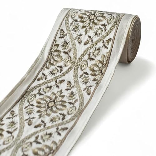 Fabric Mart Direct Elfenbeinfarbenes und beiges Designer-Stoffband mit Blumenstickerei, Meterware, Vorhangband mit Zari- und Fadenbordüre, Polsterspitze für Tischdecken, 127 mm breiter Samtbesatz Fabric Mart Direct Elfenbeinfarbenes und beiges Designer-Stoffband mit Blumenstickerei, Meterware, Vorhangband mit Zari- und Fadenbordüre, Polsterspitze für Tischdecken, 127 mm breiter Samtbesatz von Fabric Mart Direct