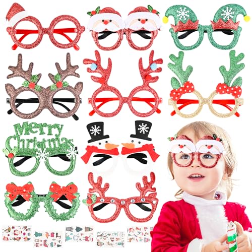 Faburo 10 Stück Weihnachten Brillen Weihnachtsbaum Brillenrahmen Brillengestell Geweih mit 5 Weihnachtlichen Aufklebern zum Weihnachten Party für Erwachsene und Kinder von Faburo