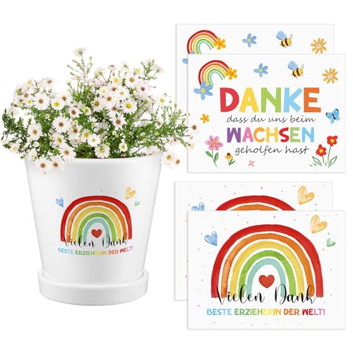 Faccito 4 Aufkleber für den Blumentopf Dankeschön Aufkleber Danke, dass du mir beim Wachsen geholfen hast Erzieher Geschenk Kindergarten Dankeschön Geschenk für Lehrer (Regenbogen, Blumen) von Faccito