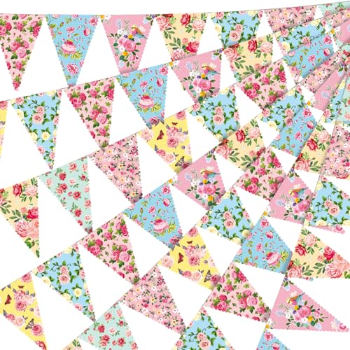 Faccito 49 Fuß 60 Stück Tee Party Wimpel Girlande Papier Wimpelkette Draußen Blumen Wimpel Banner Tee Party Geburtstag Deko Zubehör für Wunderland Garten Zimmer Babyparty Hochzeit von Faccito