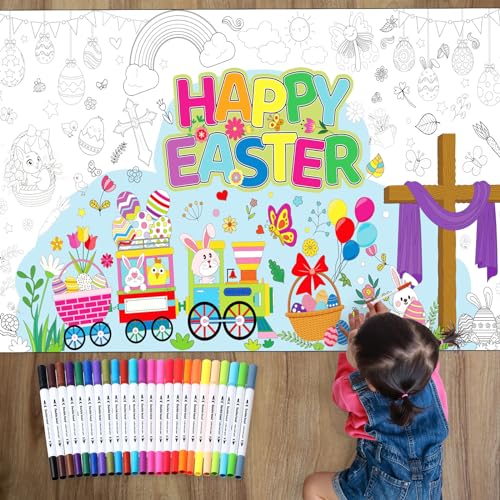 Faccito Ostern Ausmalbild für Kinder mit 24 Markers Ostern Tischdecke zum Ausmalen Hase Ausmaltischdecke Ostereier Bemalbare Tischdecke für Ostern Feiertag Geburtstag Party Mitgebsel Schule Familie von Faccito