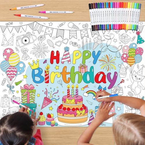 Faccito Riesiges Happy Birthday Ausmalposter mit 24 Aquarell Marker 110 x 80 cm Tischdecke zum Ausmalen Riesen Ausmalbild zum Geburtstag Maltischdecke für Basteln Geburtstag Party Mitgebsel von Faccito