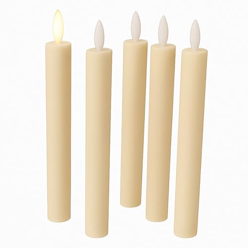 Fachhandel Plus LED-Stabkerzen 5er Set, flammenlos, Echtwachsmantel, ca. 24,5 cm, elfenbein | Mit Timerfunktion und Flackereffekt – ideal für Kerzenständer, festliche Anlässe & sichere Wohnraumdeko von Fachhandel Plus