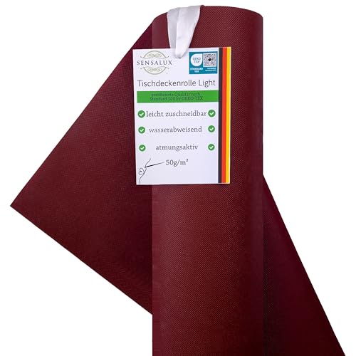 Sensalux Light Tischdeckenrolle, Oeko-TEX ® 100 - Made in Germany - 25m lang (Farbe nach Wahl), Bordeaux, 1,10m x 25m, stoffähnliches Vlies, ideal für Jede Party, Vereinsfeier, Geburtstagsfeier von Sensalux