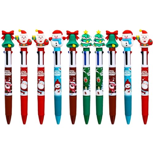 FackLOxc 10 x mehrfarbige Weihnachts-Kugelschreiber für Studenten und Erwachsene, 4 Farb-in-1-Kugelschreiber, einziehbarer Kugelschreiber, Strumpffüller von FackLOxc