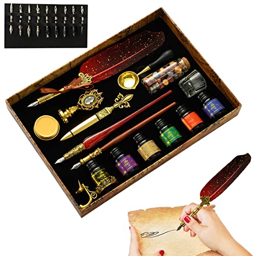 Facynde Füllfederhalter und Tintenset, Gänsefeder, Set mit Kalligraphie-Füllfederhalter, Antik-Optik, mit Tinte, Tintenset für Kalligraphie-Stift, Feder mit Ersatzfedern, Tinte, Siegelstäbchen von Facynde