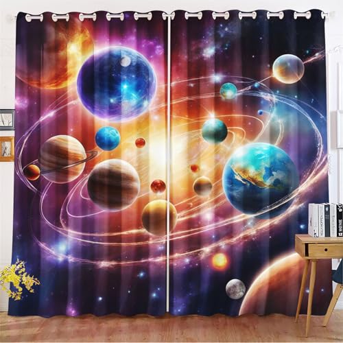 Fadaing Universum Planet Verdunkelungsvorhänge Weltraum Sternenklar Vorhänge Mit Ösen Weltraumuniversums Blickdicht Gardine Für Kinder Und Jugen (8,150x166cm(BxH)/ 75x166cmx2) von Fadaing