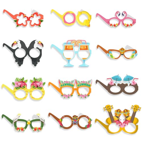 12 Hawaii-Brillen aus Papier, Aloha-Brille, Hawaiianische Party-Brille, Papierrahmen, tropische Luau-Party, für Erwachsene, Kinder, Party-Zubehör von Fadcaer