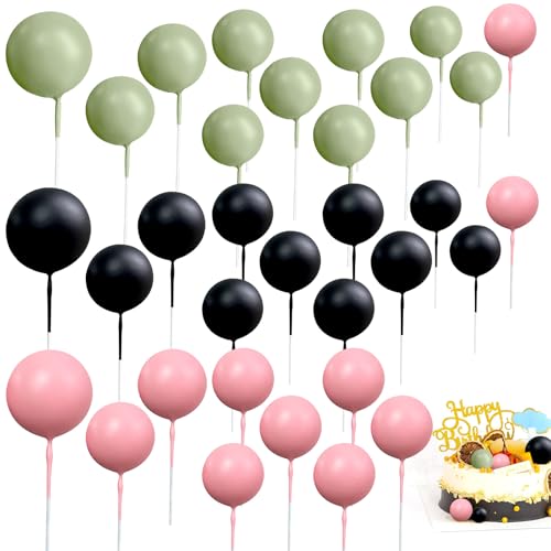 33 Stück runde Kugel-Kuchenaufsätze, Mini-Ballon-Kuchenaufsatz in 4 Größen, Schaumstoff-Kugel-Kuchenspieße für Geburtstag, Hochzeit, Party-Dekorationen (Grün + Rosa + Schwarz) von Fadcaer