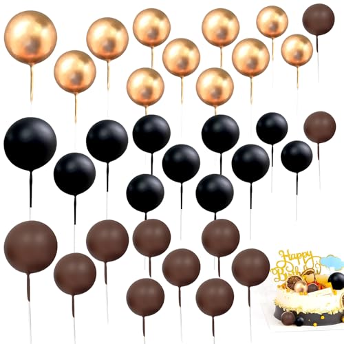 33 Stück runde Kugel-Kuchenaufsätze, Mini-Ballon-Kuchenaufsatz in 4 Größen, Schaumstoff-Kugel-Kuchenspieße für Geburtstag, Hochzeit, Party-Dekorationen (Schwarz + Gold + Braun) von Fadcaer