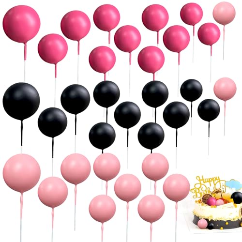 33 Stück runde Kugel-Kuchenaufsätze, Mini-Ballon-Kuchenaufsatz in 4 Größen, Schaumstoff-Kugel-Kuchenspieße für Geburtstag, Hochzeit, Party-Dekorationen (schwarz + rosarot + pink) von Fadcaer