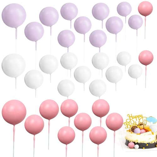 33 Stück runde Kugel-Kuchenaufsätze, Mini-Ballon-Kuchenaufsatz in 4 Größen, Schaumstoff-Kugel-Kuchenspieße für Geburtstag, Hochzeit, Party-Dekorationen (weiß + rosa + lila) von Fadcaer