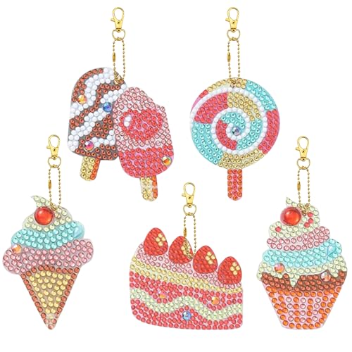 5 Stück Doppelseitig Eiscreme Diamond Painting Anhänger,5D DIY Diamant Malerei Schlüsselanhänger Kits für Kinder Erwachsene,Schlüsselbund Strass Malerei Kunst Ornamente Dekoration Basteln Geschenke von Fadcaer