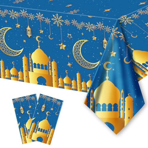 Eid Ramadan Tischdecke, dekorativ, rechteckig, Ramadan-Mubarak-Tischdecke, Einweg-Tischdecke mit Stern, Mond, Eid al-Fitr für Eid Ramadan, Dekorationen, Islam, muslimische Party, Blau, Gold, 2 Stück Eid Ramadan Tischdecke, dekorativ, rechteckig, Ramadan-Mubarak-Tischdecke, Einweg-Tischdecke mit Stern, Mond, Eid al-Fitr für Eid Ramadan, Dekorationen, Islam, muslimische Party, Blau, Gold, 2 Stück von Fadcaer