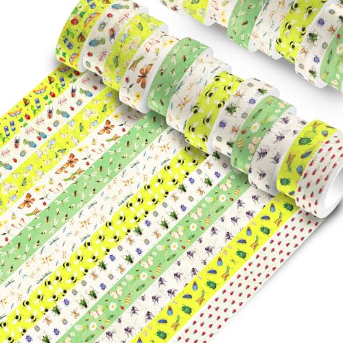 Fadcaer 12 Dekoratives Abdeckband Klebeband Washi Tape Set Natur Insekten Grün Kawaii Washi Klebeband und Aufkleber für Scrapbooking Journaling Gemälde Mauern Kunst Kartenherstellung DIY von Fadcaer