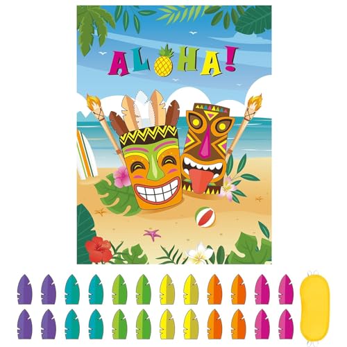 Pin the Feather on the Tiki Partyspiele, Hawaiianisches Partyspiel, Aloha-Poster, Pin-Spiel, Sommer, tropisches Partyspiel für Kinder, Geburtstagsgeschenk, Hawaii-Party-Dekoration, Strand, von Fadcaer