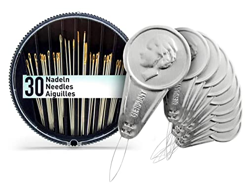 10 Klassische Nadeleinfädler für Nähmaschine und Hand mit Bonus: 30 Nadeln in verschiedenen Stärken und Längen von Faden & Nadel