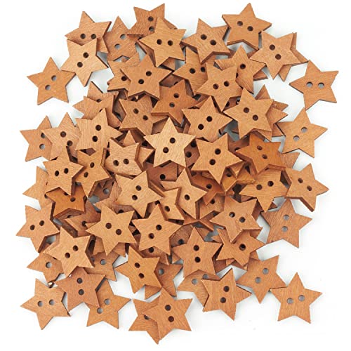 100 Knöpfe aus Holz in Stern-Form, in braun natur, mit 2 Löcher, Größe: je 20 mm Durchmesser von Faden & Nadel