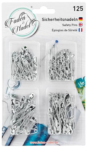 125 Sicherheitsnadeln, Silber, 4 Verschiedene Größen (groß und klein), als Set Sortiert von Faden & Nadel