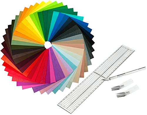 Bastelset: 40 x Filzstoff, Bastelfilz in verschiedenen Farben, Filz: 30 x 30 cm mit Schneidelineal und Bastelmesser (mit 20 Ersatzklingen) von Faden & Nadel