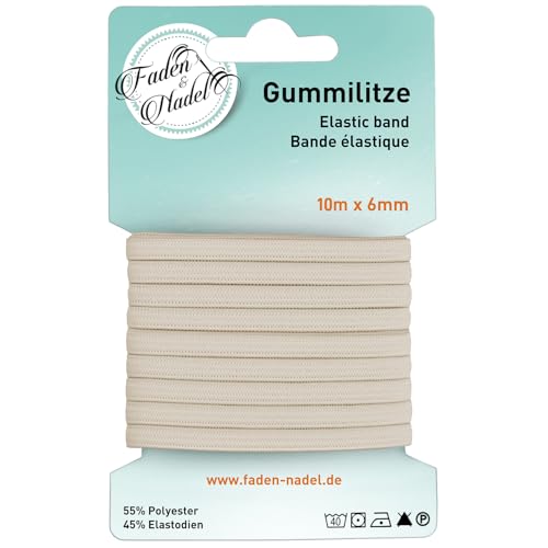 Faden & Nadel 6 mm Gummilitze : elastisches Gummiband, 10 Meter lang, beige/creme, bügelbar von Faden & Nadel