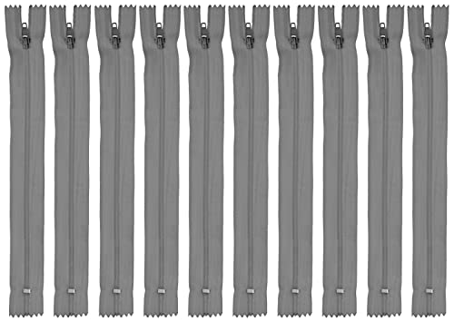 Faden & Nadel Reißverschluss Set: 10 Nylon Reißverschlüsse, nicht teilbar, 22 cm lang, grau von Faden & Nadel