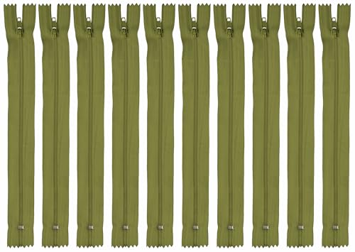 Faden & Nadel Reißverschluss Set: 10 Nylon Reißverschlüsse, nicht teilbar, 22 cm lang, olivgrün von Faden & Nadel
