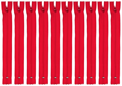 Faden & Nadel Reißverschluss Set: 10 Nylon Reißverschlüsse, rot, nicht teilbar, je 22 cm lang von Faden & Nadel