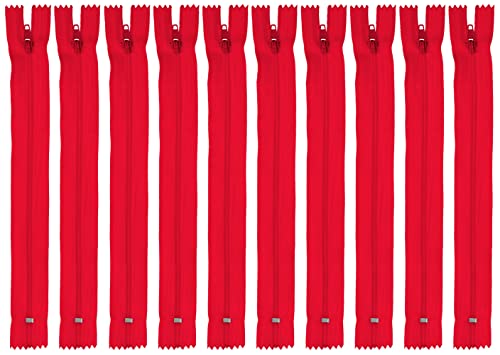 Faden & Nadel Reißverschluss Set: 10 Nylon Reißverschlüsse, nicht teilbar, 22 cm lang, rot von Faden & Nadel