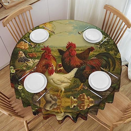 Runde Tischdecke mit Hühnern und Bauernhof, 152,4 cm, waschbar, Polyester, dekorative Tischdecke für Küche, Esstisch, Partys, Camping von Faduni