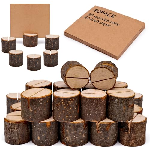 Fahibin 40 Stück Set Rustikale Holz Tischkartenhalter,Menükartenhalter Tischkartenhalter Holz,Rustikale Karten Halter Fotos, für Memo, Postkartenhalter (20 Halter + 20 Papierkarte) von Fahibin