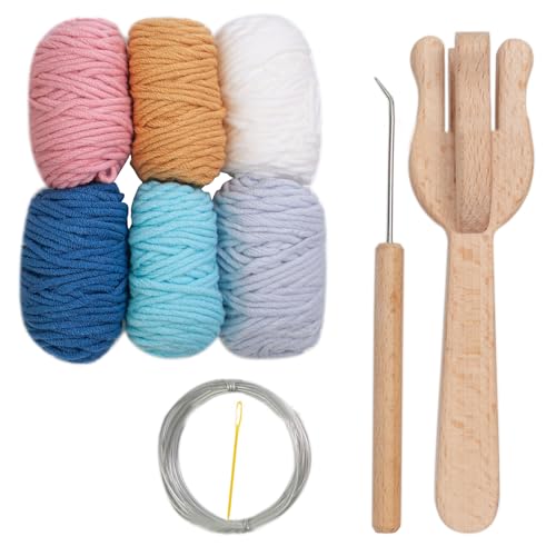 Holz Strickgabel Flechtwerkzeug Mit 6 Farben Garn Große Augenstricknadel Nadel Für Schnurherstellung Flechten von Fahoujs