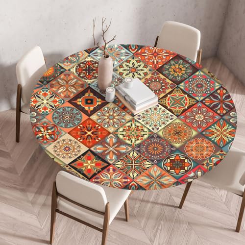 Boho Tischdecke Rund, Outdoor Tischdecke Abwaschbar Rund, Elastisch Gartentischdecke Wetterfest Tablecloth mit Gummizug für Balkon, Garten (Style 2,120cm) von FahrtSeek