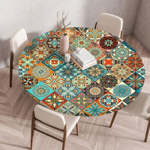Boho Tischdecke Rund, Outdoor Tischdecke Abwaschbar Rund, Elastisch Gartentischdecke Wetterfest Tablecloth mit Gummizug für Balkon, Garten (Style 3,90cm) von FahrtSeek