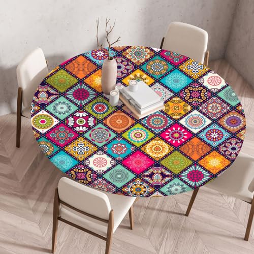 Boho Tischdecke Rund, Outdoor Tischdecke Abwaschbar Rund, Elastisch Gartentischdecke Wetterfest Tablecloth mit Gummizug für Balkon, Garten (Style 4,60cm) von FahrtSeek