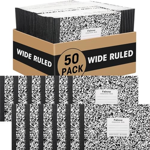 Fainne Kompositions-Notizbücher, breit, liniert, halbe Größe, 12,7 x 19,1 cm, Marmor-Einband, Notizbücher, 80 Seiten, kleines Tagebuch, 31,3 cm Abstand für Grundschulbedarf, Schwarz, 50 Stück von Fainne