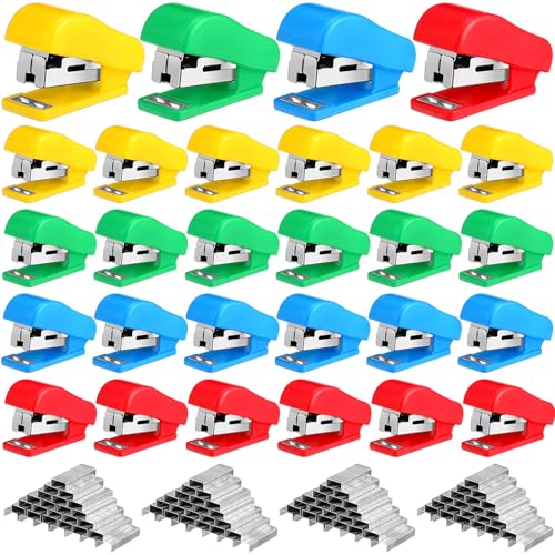 Fainne Mini-Heftgerät mit Heftklammern, tragbar, mehrfarbig, kleines Heftgerät, handgehaltenes Schreibtischhefter, niedliches Bürobedarf-Set für Büro, Uni, 4 Farben (klassische Farbe, 60 Stück) von Fainne