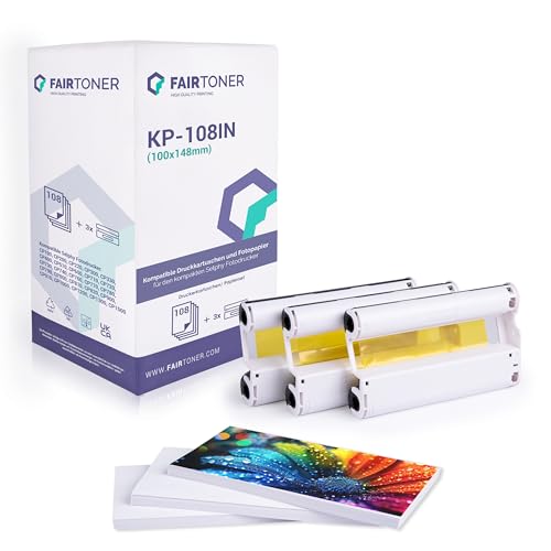 FairToner KP-108IN 3x Kartusche + 108 Blatt Fotopapier 10x15 cm – Kompatibel für Canon Selphy CP1000 CP1200 CP1300 CP1500 CP910 u.v.m. – Foto Druckset von FairToner