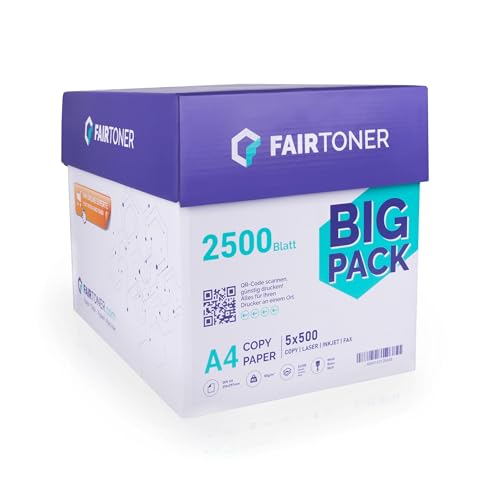 FairToner Kopierpapier 2500 Blatt DIN-A4 80g, Weiß (5 x 500 Blatt / 5er Pack) Universal Druckerpapier von FairToner