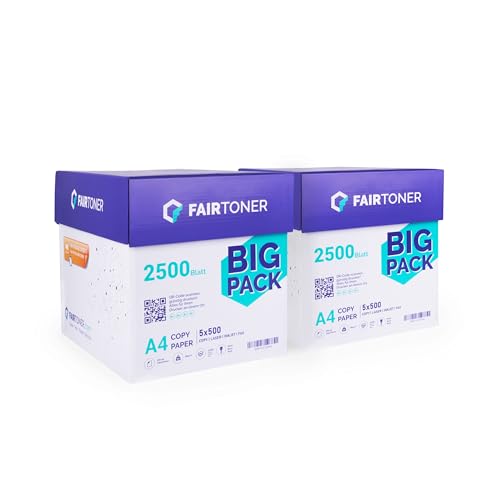 FairToner Kopierpapier 5000 Blatt DIN-A4 80g, Weiß (10 x 500 Blatt / 10er Pack) Universal Druckerpapier für Laserdrucker und Tintenstrahldrucker geeignet von FairToner