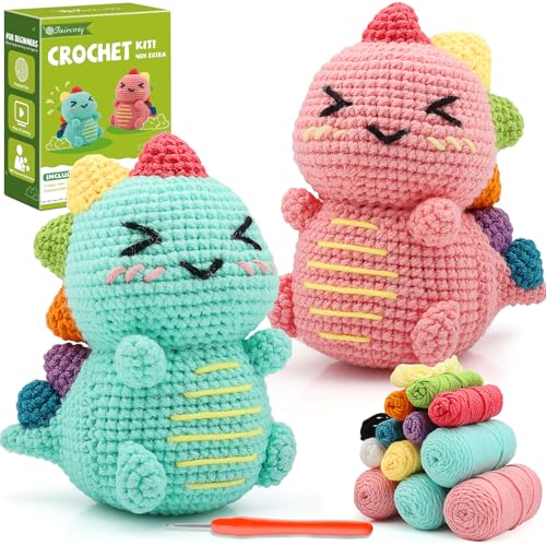 Faircosy Dinosaurier-Häkelset für Anfänger: 2 Häkeltier-Sets für Erwachsene – Häkeln lernen, niedliches Amigurumi-Starter-Set mit schriftlichem Muster und Video-Tutorials (40 %+ Garn extra) von Faircosy