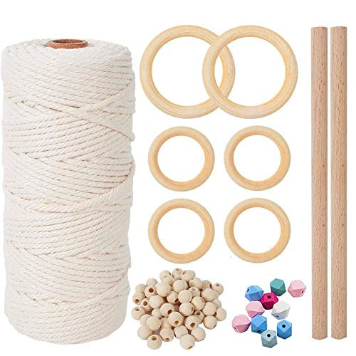 FairyLee 3mm x 100m Makramee Set, mit 110pcs Natürliche Holzperlen+6 Holzring+2 Holzstäbchen, Premium Baumwollkordel Baumwollgarn,Garn für DIY Handwerk,Hängepflanze Pflanze Aufhänger FairyLee 3mm x 100m Makramee Set, mit 110pcs Natürliche Holzperlen+6 Holzring+2 Holzstäbchen, Premium Baumwollkordel Baumwollgarn,Garn für DIY Handwerk,Hängepflanze Pflanze Aufhänger von FairyLee