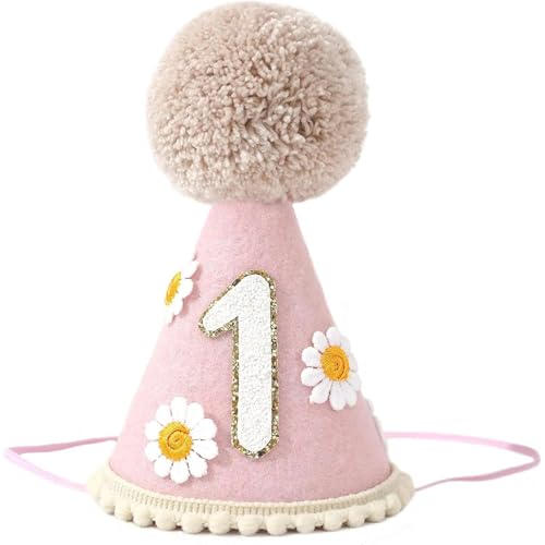 Fakcrkun 1. Geburtstag Hut für Baby Mädchen Jungen, Boho Erster Geburtstag Hut, Pink Daisy One Birthday Crown Conical Cap für 1. Geburtstag Dekorationen Foto Requisiten von Fakcrkun