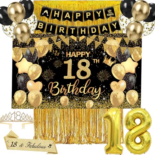 18 Geburtstag Dekorationen für Frauen Männer - Schwarz Gold Party Dekorationen 40 Geburtstag Luftballons Banner Krone Schärpe Hintergrund Fransenvorhang Partydekorationen für Erwachsene 18 Geburtstag Dekorationen für Frauen Männer - Schwarz Gold Party Dekorationen 40 Geburtstag Luftballons Banner Krone Schärpe Hintergrund Fransenvorhang Partydekorationen für Erwachsene von Fakindiy