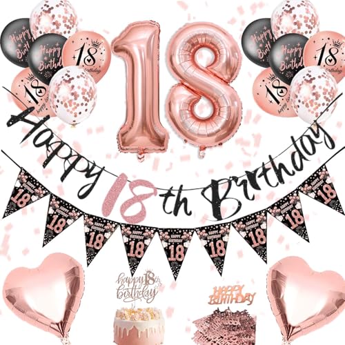 18. Geburtstag Mädchen Deko - Schwarz Rosegold Geburtstag Deko zum 18. Geburtstagsbanner, Luftballon, Tortenstecker, Konfetti Dekoration für Mädchen von Fakindiy