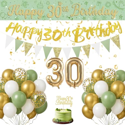 30. Geburtstag Deko für Frauen Männer - Salbeigrüne 30 Geburtstag Deko Set Grün Weiß Gold Ballon 30 mit Banner Tortendeko, Happy Birthday Girlande für Frau Mann 30 Jahre Party Geburtstagsdeko von Fakindiy